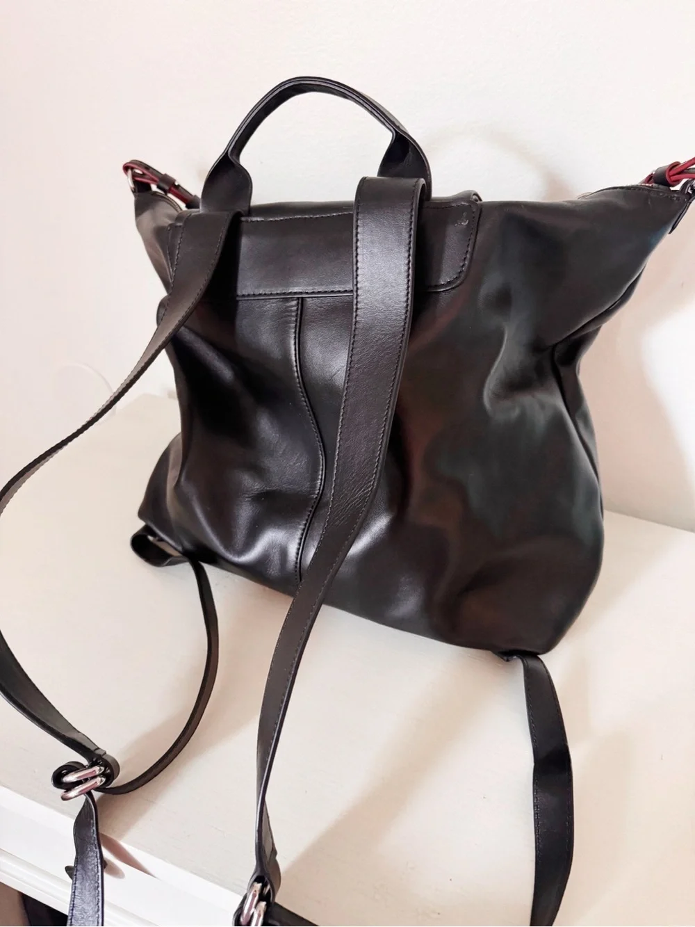 Emporio Armani Black Leather Backpack with Red Accent